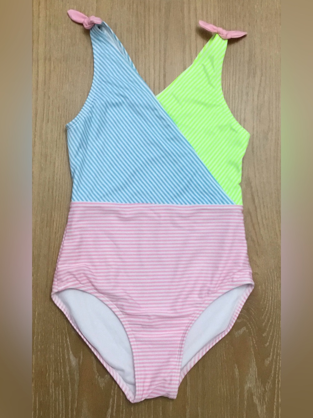 Girls Colorblock Stripe One-Piece Swimsuit - Pink, Blue, Neon Yellow - K602